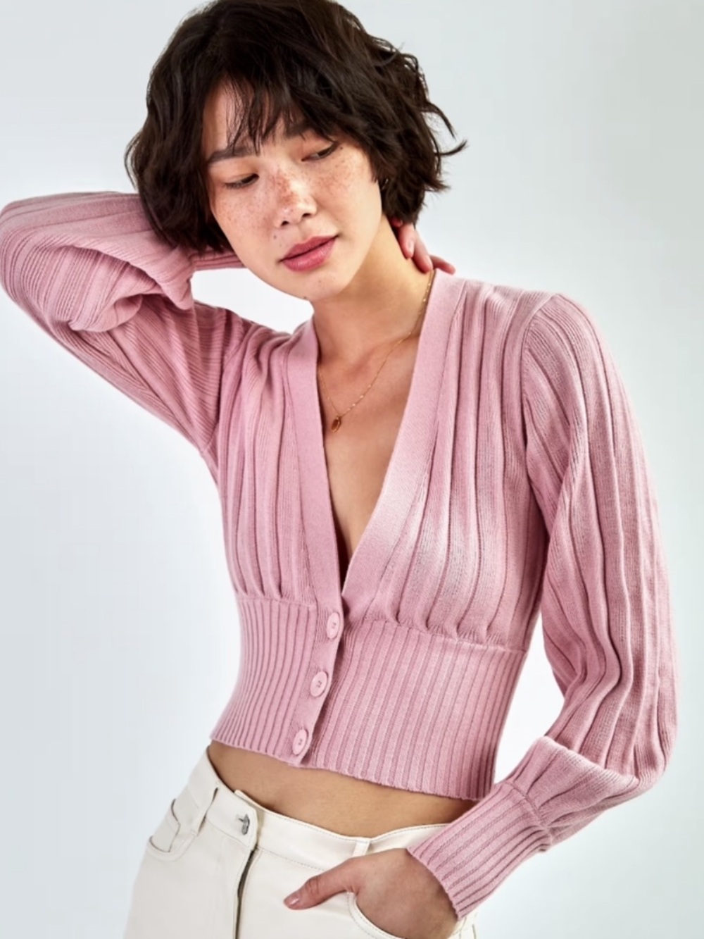 Aritzia Wilfred Wool Blend Orchid Pink Purple Plunge Front Cardigan
